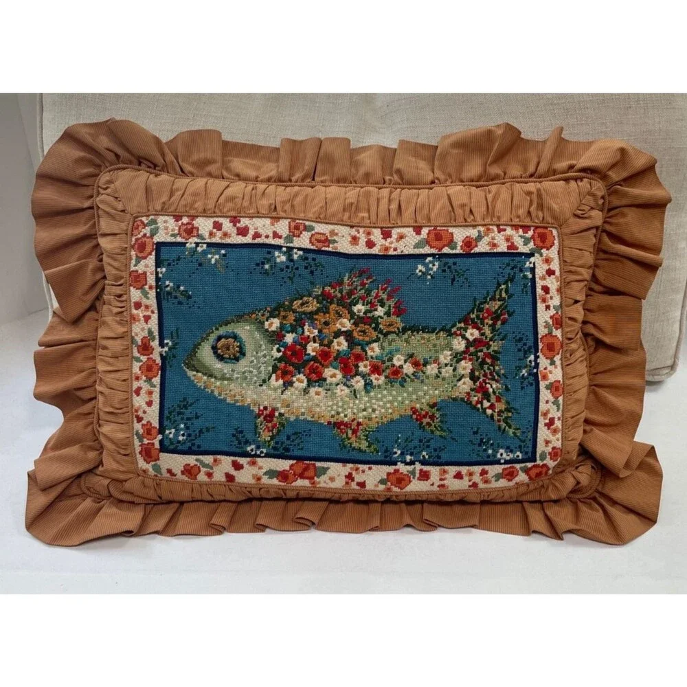 Vintage Custom Needlepoint Fish Lumbar Pillow 15